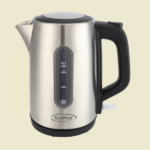 Stainless steel electric kettle with black handle and a vertical water level gauge showing max 17L KenStar