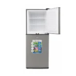 Two door refrigerator with top freezer open empty shelves visible inside the freezer compartment