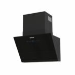 Black wall mounted kitchen range hood with a slanted front panel and a vertical chimney featuring a digital control panel on the front for ventilation settings