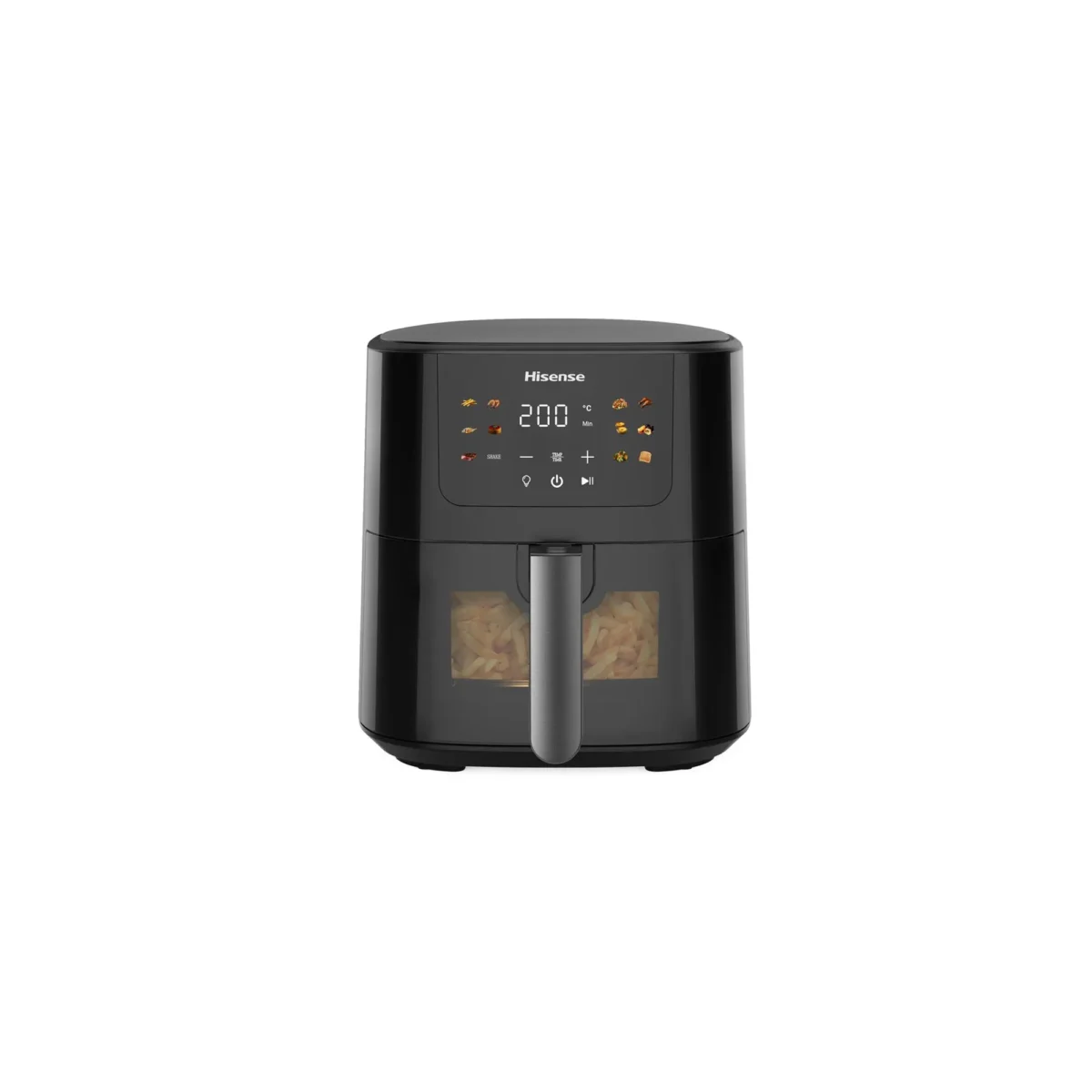 Black Hisense air fryer with a rounded top and a touchscreen control panel displaying cooking icons and 200°C on the screen with a transparent window showing food inside