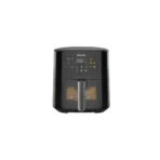 Black Hisense air fryer with a rounded top and a touchscreen control panel displaying cooking icons and 200°C on the screen with a transparent window showing food inside