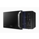 Black countertop microwave oven with a silver handle and digital control panel on the right