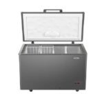Grey chest freezer with its lid open showing divided interior compartments for freezing items