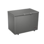 Gray chest freezer on small caster wheels with a hinged lid and front control panel for temperature settings