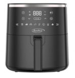 Front view of a black KenStar air fryer showing its digital control panel and cooking icons