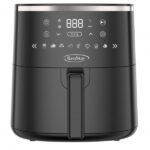 Front view of a black KenStar air fryer showing its digital control panel and cooking icons