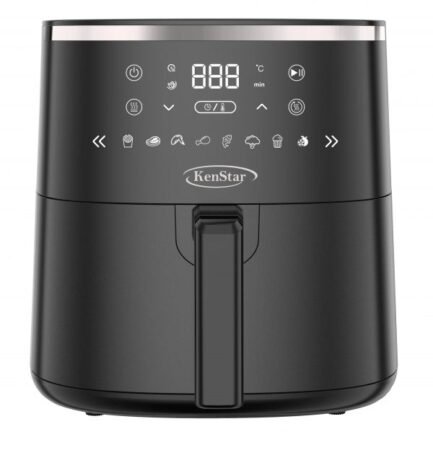Front view of a black KenStar air fryer showing its digital control panel and cooking icons