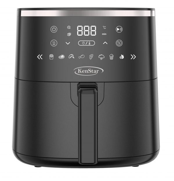 Front view of a black KenStar air fryer showing its digital control panel and cooking icons