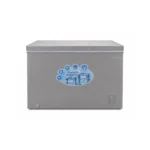 Grey chest freezer with a top lid and a blue ice sticker on the front small control panel on the lower right corner