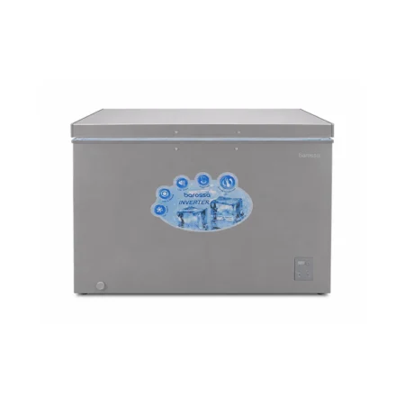 Grey chest freezer with a top lid and a blue ice-sticker on the front, small control panel on the lower right corner