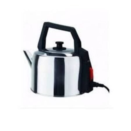 Stainless steel electric kettle with a black handle and base, cord trailing from the back.