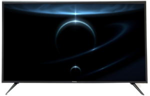 Flat screen TV showing a dark space wallpaper with glowing blue orbital rings and planetary silhouettes against a black background