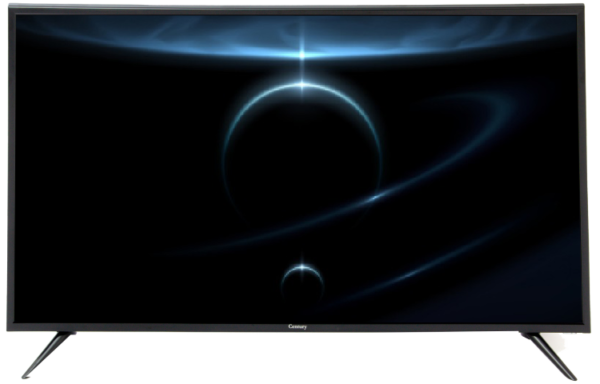 Flat-screen TV showing a dark space wallpaper with glowing blue orbital rings and planetary silhouettes against a black background