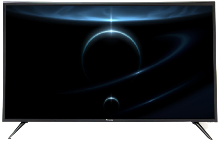 Flat screen TV showing a dark space wallpaper with glowing blue orbital rings and planetary silhouettes against a black background