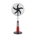 Red pedestal standing fan with a round base and vertical control panel on the stand