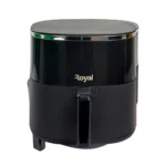 Black compact air fryer with a glossy lid and front handle brand Royal logo visible on the front