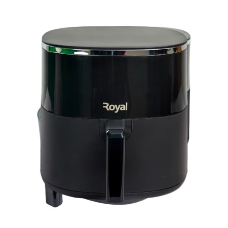 Black compact air fryer with a glossy lid and front handle, brand Royal logo visible on the front.