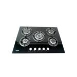 Black glass gas hob with five burners and front control knobs