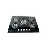 Black glass gas hob with five burners and front control knobs