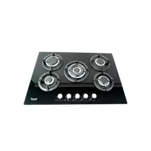 Black glass gas hob with five burners and front control knobs