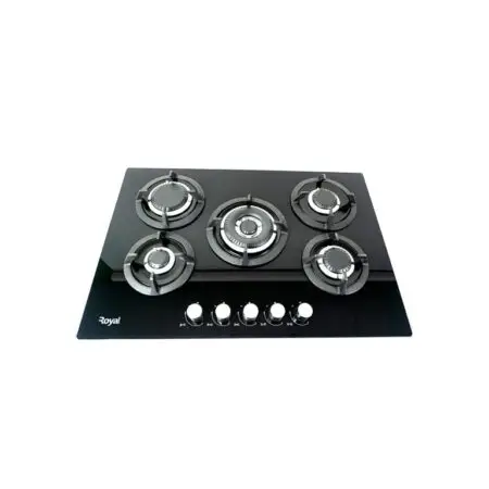 Black glass gas hob with five burners and front control knobs