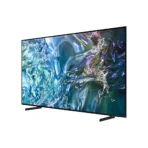 Slim flat screen TV with thin bezels on two stands displaying a vibrant blue green abstract image