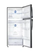 Open two door refrigerator with empty shelves and drawers visible inside