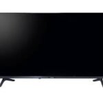 Slim flat screen TV with a black screen and two angled legs on a white background