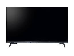 Slim flat screen TV with a black screen and two angled legs on a white background