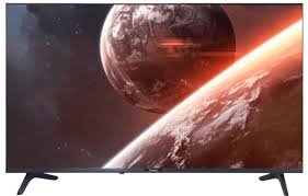 Flat screen TV displaying a space scene with planets and a bright beam of light across the screen on a white background with thin legs visible at the bottom