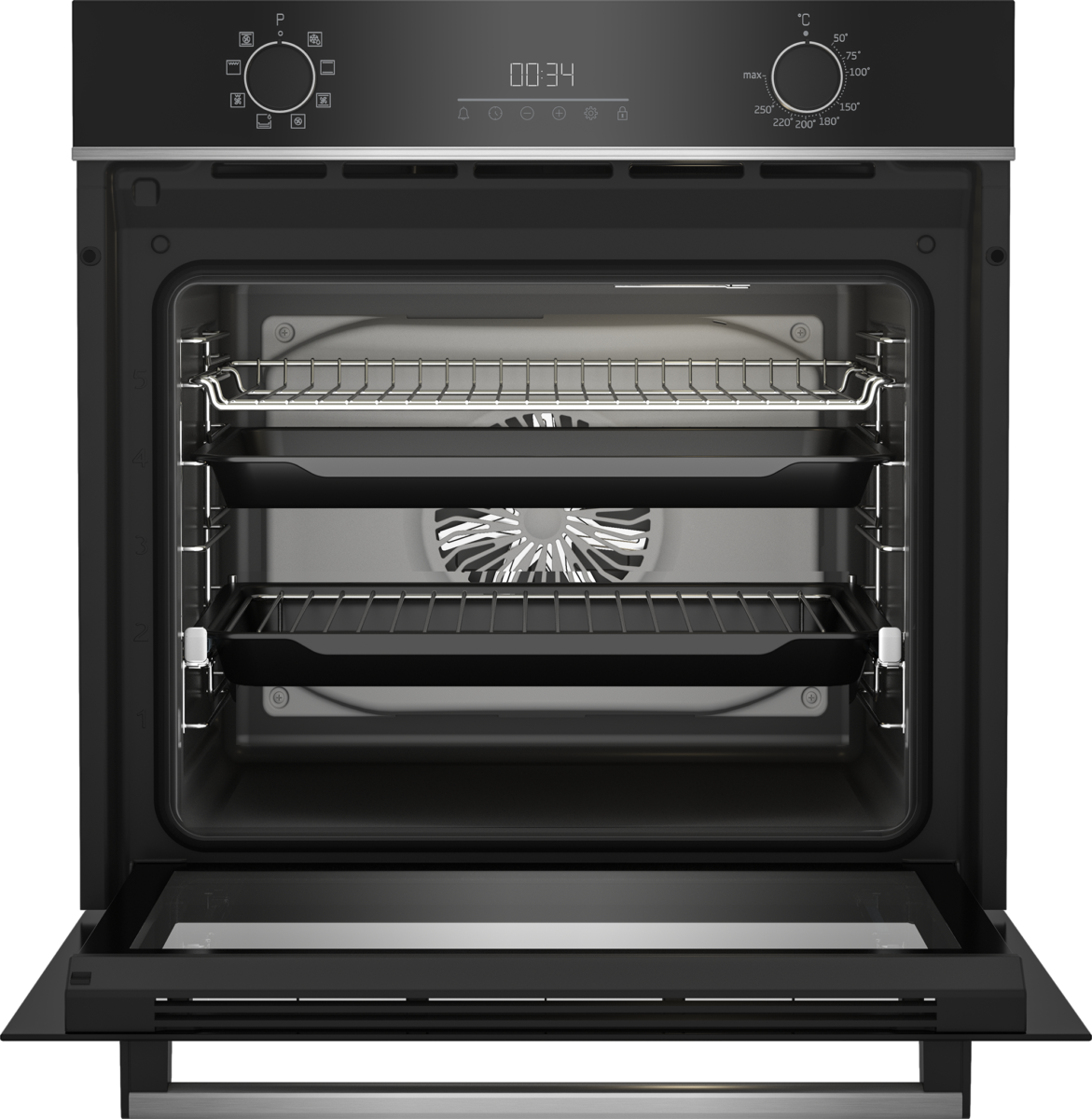 Oven interior with a single wire rack and fan at the back door open and control panel above