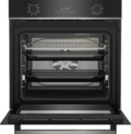 Oven interior with a single wire rack and fan at the back door open and control panel above