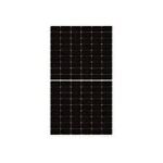 Front view of a single dark solar panel with a grid of photovoltaic cells rectangular module against a white background