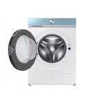 Front loading washing machine with door open white body and blue control panel nearby a drum visible inside the door