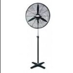 Black pedestal fan with a circular grille and three blades on an adjustable stand