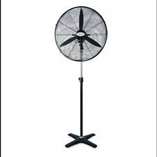 Black pedestal fan with a circular grille and three blades on an adjustable stand.