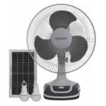 Pedestal fan connected to a small solar panel with two LED bulbs illustrating a solar powered cooling set