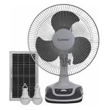 Century 12 Inch Rechargeable Fan FRCT 30B3 | Mitos Shoppers Pedestal fan connected to a small solar panel with two LED bulbs illustrating a solar powered cooling set
