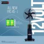 Century FRC 45 J rechargeable mist fan advertisement featuring a pedestal fan on a blue background with branding and battery life claim