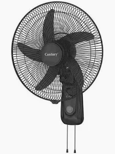 Black Century pedestal fan with a circular grille, three blades, and pull-chain controls.