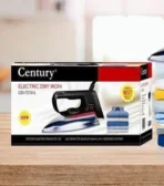 Box for Century electric dry iron with an iron image on the front on a wooden surface with a blurred background