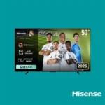 50 inch Hisense QLED 4K TV on a teal background showcasing soccer players in white jerseys 2025 edition