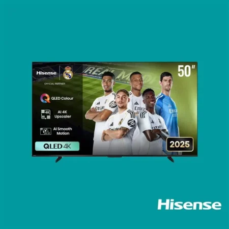 50 inch Hisense QLED 4K TV on a teal background showcasing soccer players in white jerseys 2025 edition
