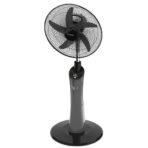 Black pedestal floor fan with circular protective grille and adjustable height stand