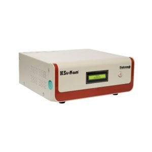 Front view of a beige Su Kam Falcon+ inverter with red trim and a small green LCD display showing status text used for home backup power