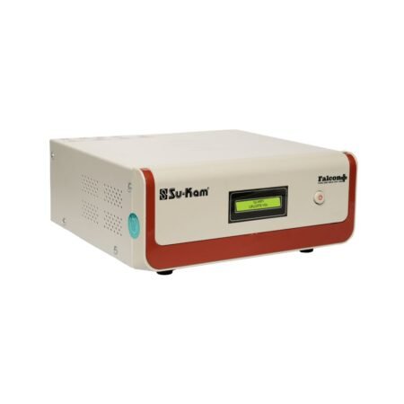 Front view of a beige Su-Kam Falcon+ inverter with red trim and a small green LCD display showing status text: used for home backup power.
