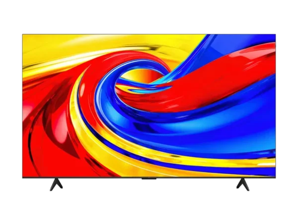 Flat screen TV on a black background displaying a vibrant abstract swirl in red blue and yellow with two stands at the bottom corners