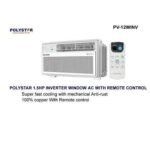Polystar 15HP inverter window AC with a white remote shown in a brochure header