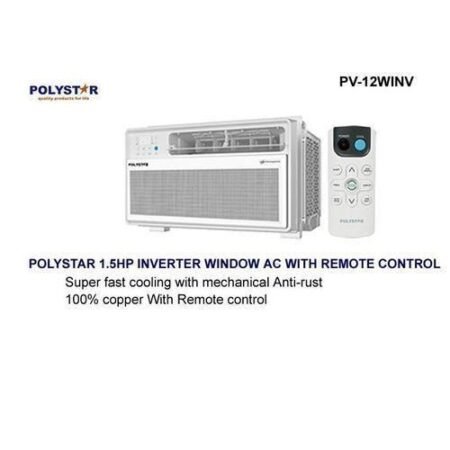 Polystar 15HP inverter window AC with a white remote shown in a brochure header