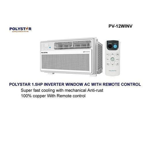 Polystar 15 HP Window Mounted Inverter AC PV12WINV | Mitos Shoppers Polystar 15HP inverter window AC with a white remote shown in a brochure header